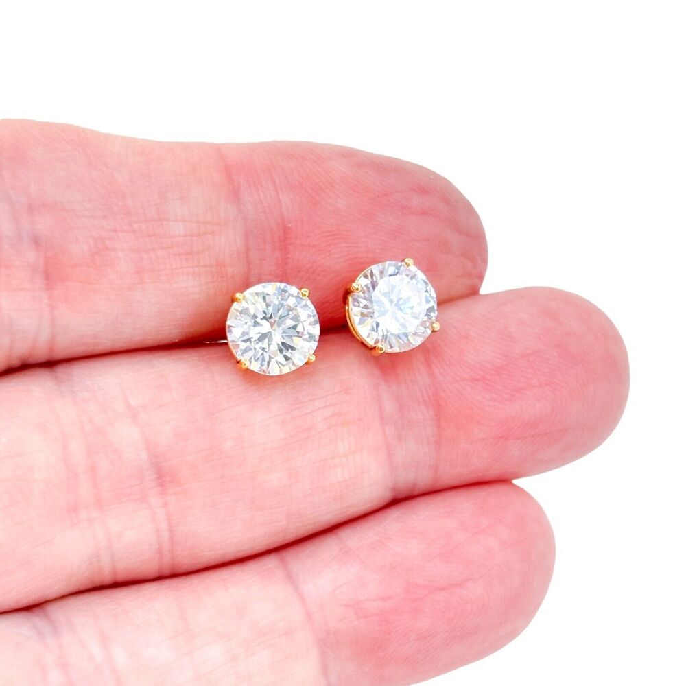 Vintage Sterling Silver 925 Gold-Tone 8mm Cubic Zirconia Stud Earrings